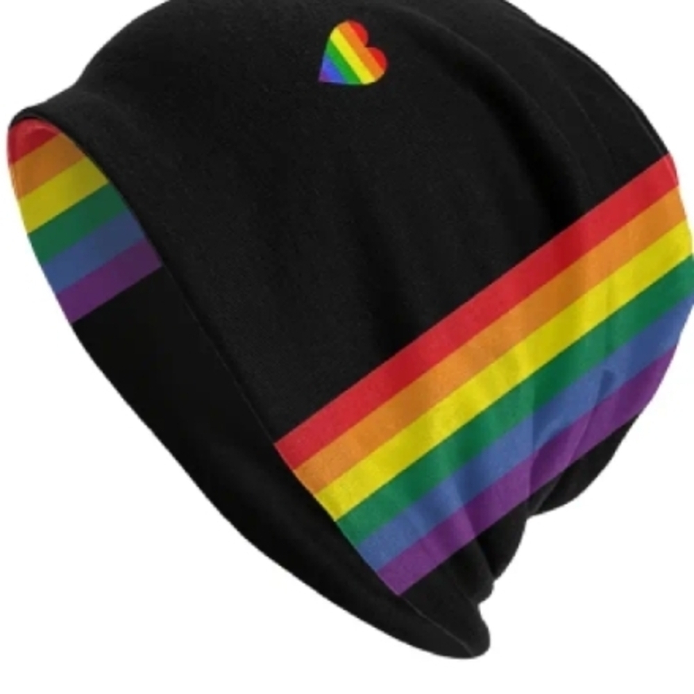 New Black Rainbow Heart Soft Fabric Stretchy Beanie Gay Pride LGBT